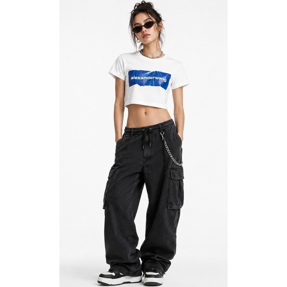 Alexander Wang Crop Top Tee Women S White Blue Crumpled Graphic Logo Streetwear